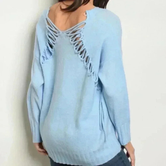 BABY BLUE LACE BACK SWEATER - Picture 2 of 2